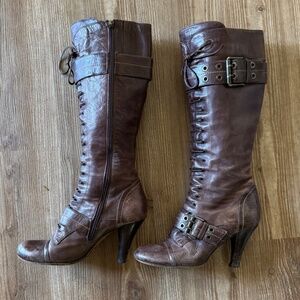 Lace-Up Knee High Real Leather Italian Made Buckle 3.5" Heel Boots from SHY - 39
